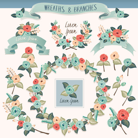 Vector illustration of a floral borders collection. A set of beautiful frames with flowers and branches for wedding invitations and birthday cardsのイラスト素材