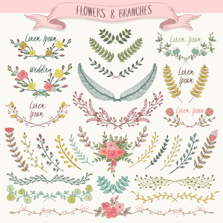 Vector illustration of a collection of floral borders. A set of beautiful flowers and branches for wedding invitations and birthday cardsのイラスト素材