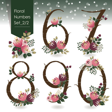 Vector illustration of floral numbers collection in winter. A set of beautiful flowers and numbers for wedding invitations & birthday cards & Merry Christmas cardsのイラスト素材