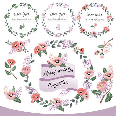 Vector illustration of a floral frame collection. A set of beautiful wreaths with flowers and branches for wedding invitations and birthday cardsのイラスト素材