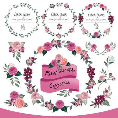 Vector illustration of a floral frame collection. A set of beautiful wreaths with flowers and branches for wedding invitations and birthday cardsのイラスト素材