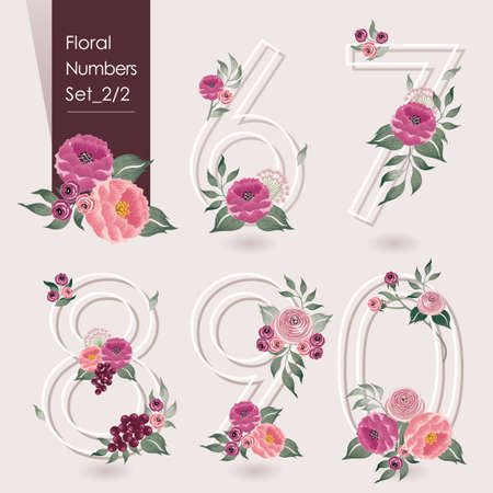 Vector illustration of floral numbers collection. A set of beautiful flowers and numbers for wedding invitations and birthday cardsのイラスト素材