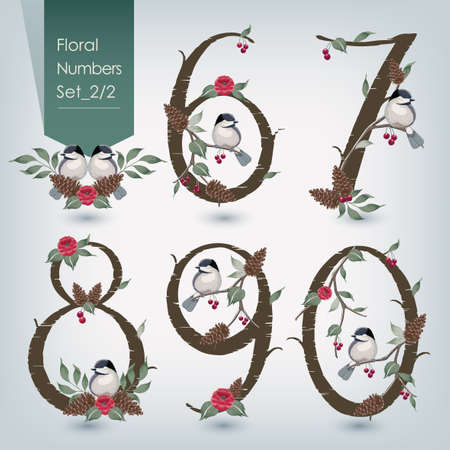 Vector illustration of floral numbers collection. A set of beautiful flowers and numbers for wedding invitations & birthday cardsのイラスト素材