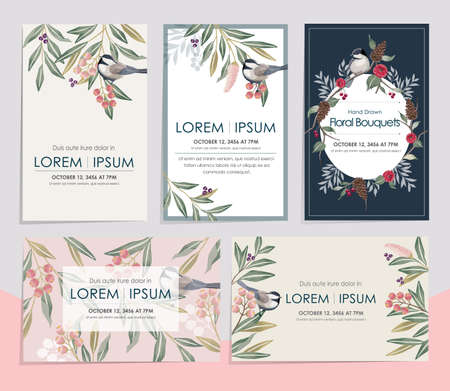 Vector illustration set of hand drawn cards for wedding, anniversary, birthday and party. Design for banner, poster, card, invitation, brochure and scrapbookのイラスト素材