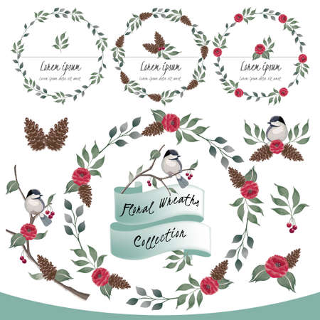 Vector illustration of a floral frame collection in winter. A set of beautiful wreaths with flowers and branches for A Happy New Year, Merry Christmas, wedding invitations and birthday cardsのイラスト素材