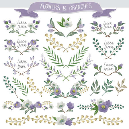 Vector illustration of floral borders collection. A set of beautiful flowers and branches for Wedding, anniversary, birthday and party. Design for banner, poster, card, invitation and scrapbookのイラスト素材