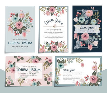 Vector illustration set of hand drawn floral cards for wedding, anniversary, birthday parties. Design for icons, web design, print project for banner, poster, invitation, brochure and scrapbook.のイラスト素材
