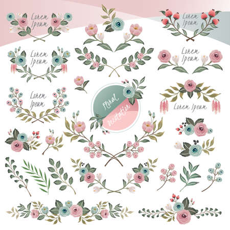 Vector illustration of floral borders collection. A set of beautiful flowers and branches for Wedding, anniversary, birthday and party. Design for banner, poster, card, invitation and scrapbookのイラスト素材