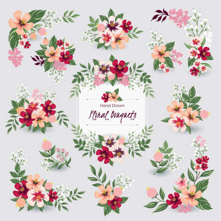Vector illustration of floral bouquets collection. A set of beautiful flowers and branches for Wedding, anniversary, birthday and party. Design for banner, poster, card, invitation and scrapbookのイラスト素材
