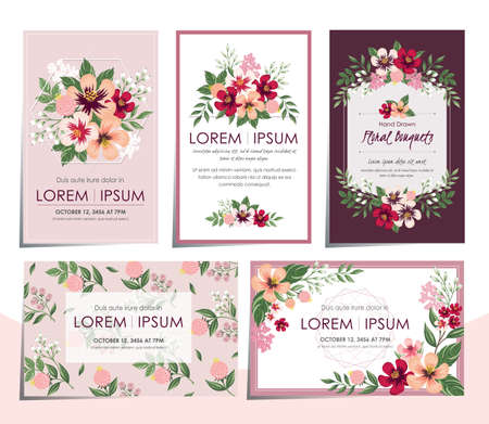 Vector illustration set of hand drawn floral cards for wedding, anniversary, birthday parties. Design for icons, web design, print project for banner, poster, invitation, brochure and scrapbook.のイラスト素材