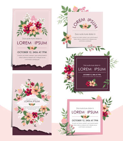 Vector illustration set of hand drawn floral cards for wedding, anniversary, birthday parties. Design for icons, web design, print project for banner, poster, invitation, brochure and scrapbook.のイラスト素材