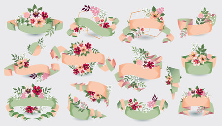 Vector illustration set of hand drawn floral ribbons for wedding, anniversary, birthday and party. Design for banner, poster, card, invitation, brochure and scrapbookのイラスト素材