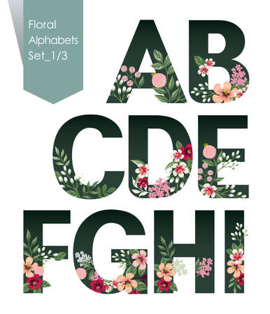 Vector illustration of floral alphabets collection. A set of beautiful flowers and alphabets for wedding, invitations and birthday cards.のイラスト素材