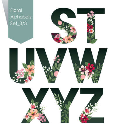 Vector illustration of floral alphabets collection. A set of beautiful flowers and alphabets for wedding, invitations and birthday cards.のイラスト素材