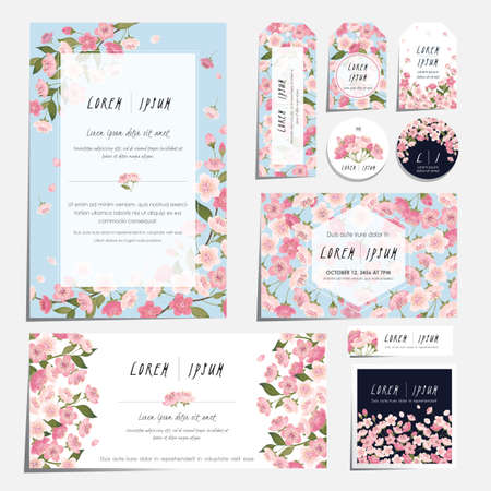 Vector illustration set of floral cards with cherry blossom in spring for wedding, anniversary, birthday parties. Design for icons, web design, print project for banner, poster, invitation, brochureのイラスト素材