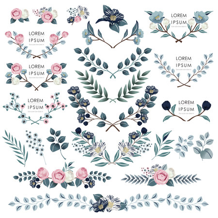 Vector illustration of floral borders collection. A set of beautiful flowers and branches for Wedding, anniversary, birthday and party. Design for banner, poster, card, invitation and scrapbookのイラスト素材
