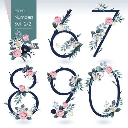 Vector illustration of floral numbers collection in spring. A set of beautiful flowers and numbers for wedding, invitations and birthday cardsのイラスト素材