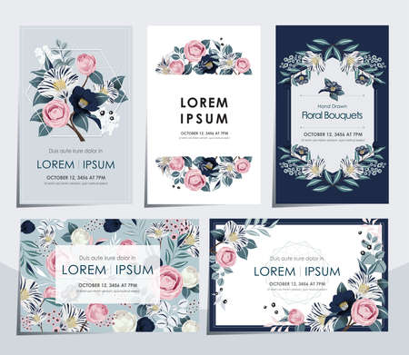 Vector illustration set of hand drawn floral cards for wedding, anniversary, birthday parties. Design for icons, web design, print project for banner, poster, invitation, brochure and scrapbook.のイラスト素材