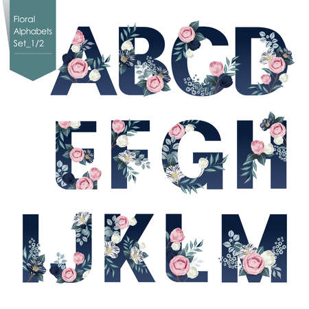 Vector illustration of floral alphabets collection. A set of beautiful flowers and alphabets for wedding, invitations and birthday cards.のイラスト素材
