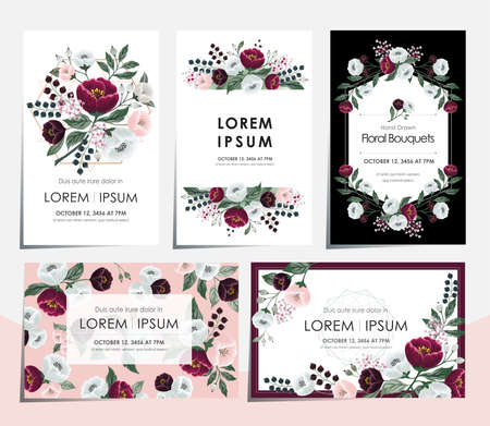 Vector illustration set of hand drawn floral cards for wedding, anniversary, birthday parties. Design for icons, web design, print project for banner, poster, invitation, brochure and scrapbook.のイラスト素材