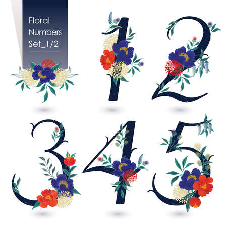 Vector illustration of floral numbers collection in spring. A set of beautiful flowers and numbers for wedding, invitations and birthday cardsのイラスト素材
