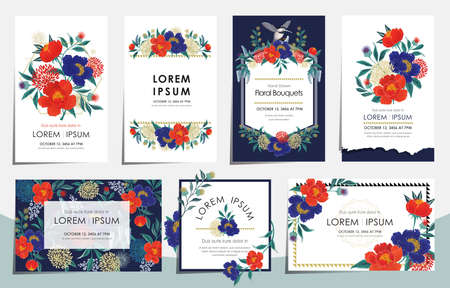 Vector illustration set of floral card set for wedding, anniversary, birthday parties. Design for icons, web design, print project for banner, poster, invitation, brochure and scrapbook.のイラスト素材