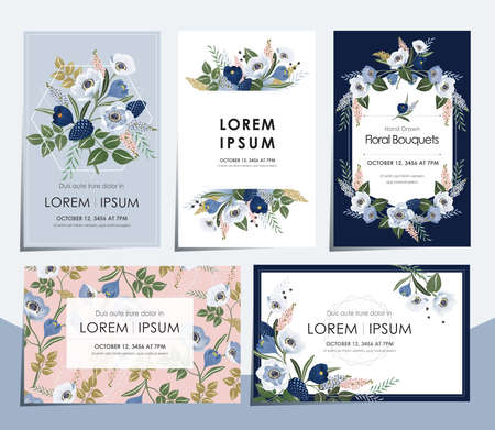 Vector illustration set of floral card set for wedding, anniversary, birthday parties. Design for icons, web design, print project for banner, poster, invitation, brochure and scrapbook.のイラスト素材