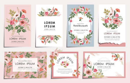 Vector illustration set of floral card set for wedding, anniversary, birthday parties. Design for icons, web design, print project for banner, poster, invitation, brochure and scrapbook.のイラスト素材