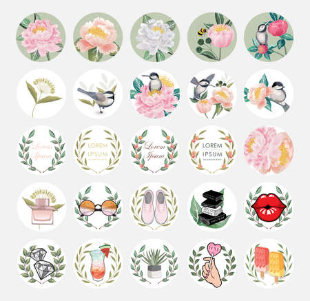 Vector illustration of the floral icon collection set, decorating with flowers and leaves. Design for invitation card, icon, sticker and blogのイラスト素材