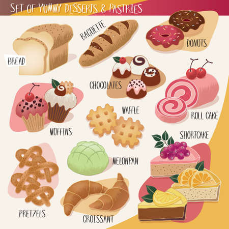 Vector illustration of hand drawn desserts and pastries. A set of sweet and yummy dessert collection with decoration.のイラスト素材
