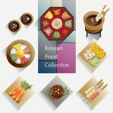 Vector illustration of hand drawn Korean food collection. A set of delicacies traditional dishes in Korea.のイラスト素材