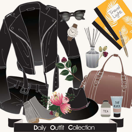 Vector of hand drawn fashion illustration. A set of daily outfit collection with accessories and flowers.のイラスト素材