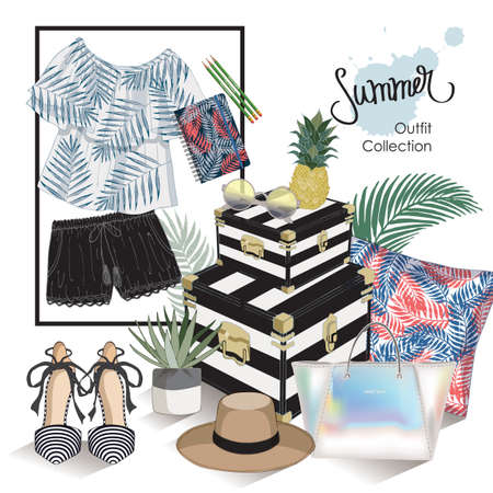 Vector of hand drawn fashion illustration. A set of summer outfit collection with home decor.のイラスト素材