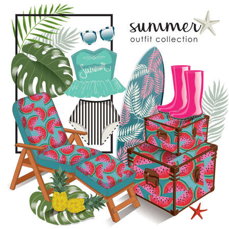 Vector of hand drawn fashion illustration. A set of tropical summer outfit collection with accessories and fruits.のイラスト素材