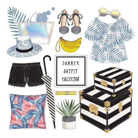 Vector of hand drawn fashion illustration. A set of summer outfit collection with home decorのイラスト素材
