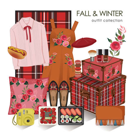 Vector of hand drawn fashion illustration. A set of fall and winter outfit collection with accessories and desserts.のイラスト素材