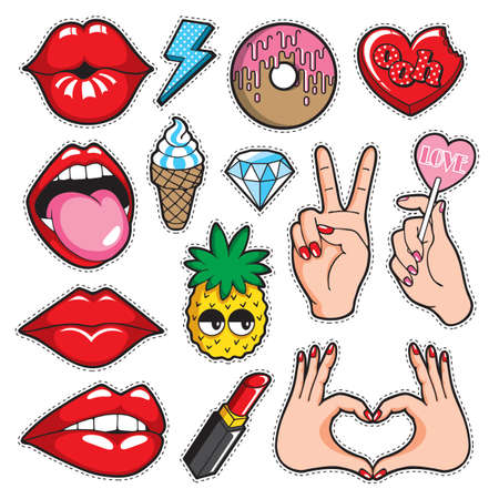 Fashion patches collection with trendy cartoon style. Vector illustration set of stickers, pins, patches in cute style.のイラスト素材