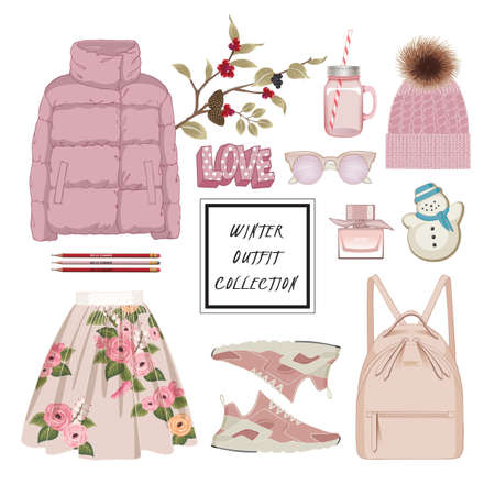 Vector of hand drawn fashion illustration. A set of winter outfit collection with accessories.のイラスト素材