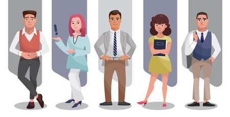 Vector illustration set of happy business people. Character collection of a group of people in various poses and situations. Flat styled design for presentation, project, banner, poster and card.のイラスト素材