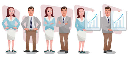 Vector illustration set of happy business people. Character collection of a group of people in various poses and situations. Flat styled design for presentation, project, banner, poster and card.のイラスト素材