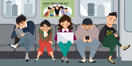 Vector illustration set of people on the subway watching cell phones. Character collection of a group of people sitting on the subway. Flat styled design for presentation, project, banner, posterのイラスト素材