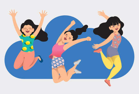 Vector illustration set of happy jumping girls in casual. Character collection of a group of people. Flat styled design for presentation, project, banner, poster, card.のイラスト素材