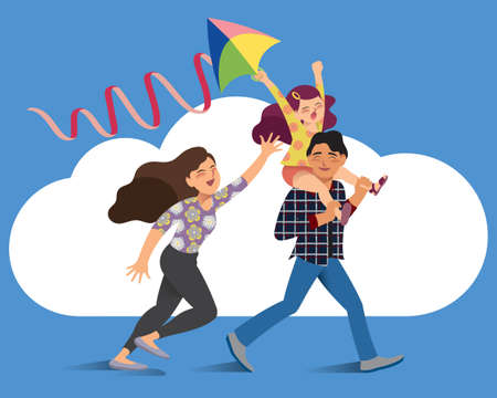 Vector illustration Vector illustration of a happy family who enjoys kite flying. Character collection of a group of people. Flat styled design for presentation, project, banner, poster, card.のイラスト素材