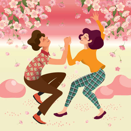 Vector illustration of a happy couple who is dancing under cherry trees. Character collection of a group of people. Flat styled design for presentation, banner, poster and card.のイラスト素材