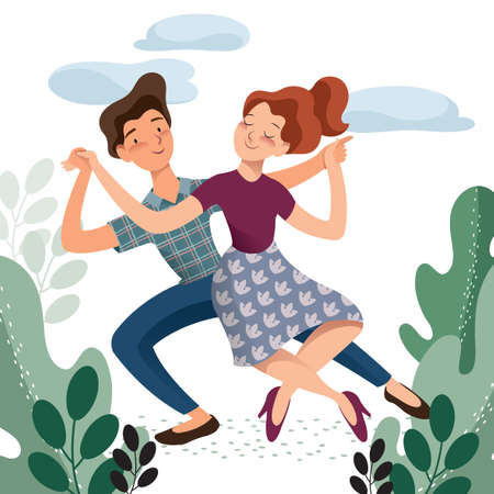 Vector illustration of a happy couple who enjoys dancing in a park. Character collection of a group of people. Flat styled design for presentation, banner, poster and card.のイラスト素材