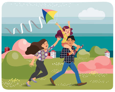Vector illustration Vector illustration of a happy family who enjoys kite flying in a park. Character collection of a group of people. Flat styled design for presentation, banner, poster and card.のイラスト素材