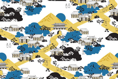 Vector illustration of seamless background with korean traditional motives. Design for web design, print project, poster, invitation, brochure, rapping and scrapbook.のイラスト素材