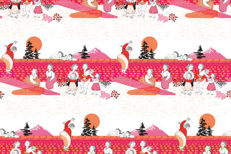 Vector seamless background illustration of girls playing Korean traditional games and the town people enjoying watching them. The modern design of Korea. Design for fabric, web design, print projectのイラスト素材