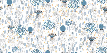 Vector seamless pattern of Korean beautiful girls in Korean dress. The modern design of Korea. Design for fabric, web design, print project, and lappingのイラスト素材