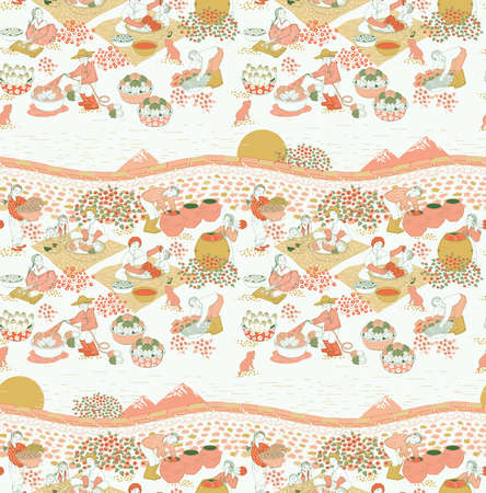 Vector seamless background illustration of Korean town people and family Making Kimchee. The modern design of Korea. Design for fabric, web design, print project, and lappingのイラスト素材